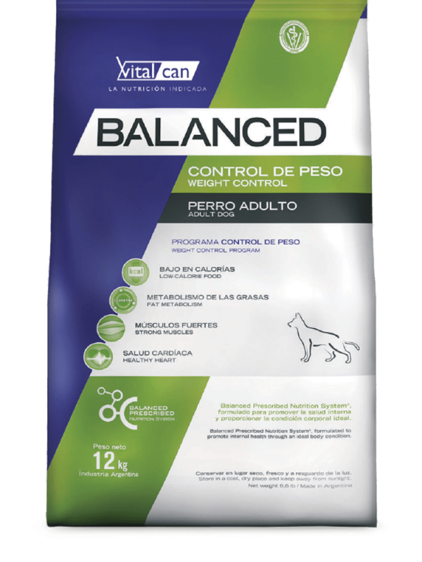 Balanced perro envase control de peso